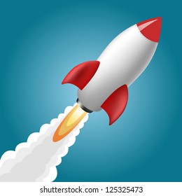 Rocket Space Ship, On Blue Background, Vector Illustration