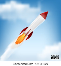 Rocket Space Ship, On Blue Background, Vector Illustration