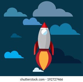 Rocket Space Ship, On Blue Background, Vector Illustration 