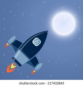 Rocket Space Ship, On Blue Background, Vector Illustration