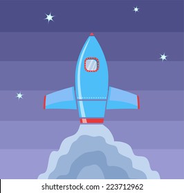 Rocket Space Ship, On Blue Background, Vector Illustration