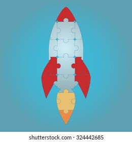Rocket Space Ship, On Blue Background in puzzle