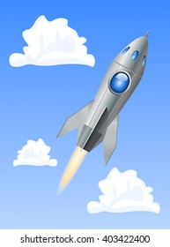 Rocket space ship on blue sky background. Vector Illustration