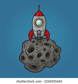 Rocket space ship on cartoon Moon asteroid meteor pinup pop art retro vector illustration. Comic book style imitation.