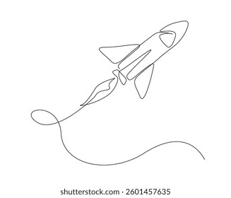 Rocket space ship outline drawing illustration. one continuous line drawing of rocket launch.