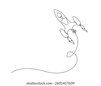 Rocket space ship outline drawing illustration. one continuous line drawing of rocket launch.
