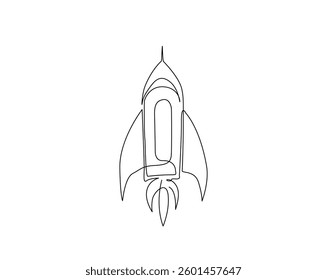 Rocket space ship outline drawing illustration. one continuous line drawing of rocket launch.