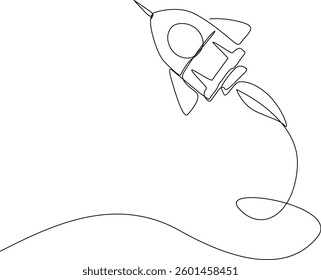 Rocket space ship outline drawing illustration. one continuous line drawing of rocket launch.