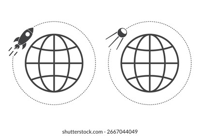 La nave espacial cohete y el satélite Sputnik vuelan alrededor del planeta globo icono