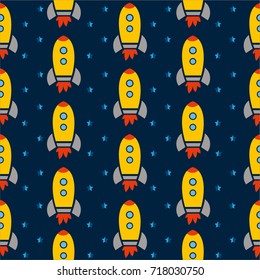 Rocket space ship stars flat colorful cute seamless vector pattern
