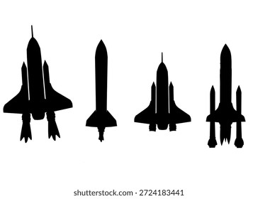 Siluetas de cohetes y transbordadores espaciales en estilo minimalista negro para temas de exploración espacial y aeroespacial, perfectas para proyectos científicos, infografías, presentaciones, carteles y diseños futuristas.