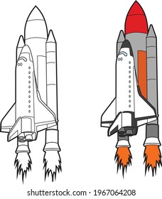 Rocket Space Shuttle Vector Drawing Transportation Learning Education Cartoon Drawing, Line Art And Colored.