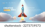 Rocket space startup, creative idea cover, landing page web site, Vector illustration 