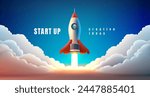 Rocket space startup, creative idea cover, landing page web site, Vector illustration 