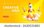 Rocket space startup, creative idea cover, landing page web site, Vector illustration 