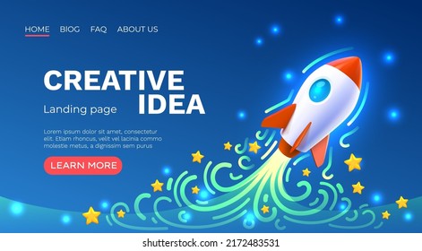 Rocket space startup, creative idea cover, landing page web site, Vector illustration 