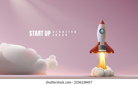 Rocket space startup, creative idea cover, landing page web site, Vector illustration 