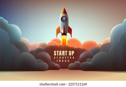 Rocket space startup, creative idea cover, landing page web site, Vector illustration 