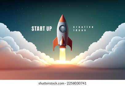 Rocket space startup, creative idea cover, landing page web site, Vector illustration 