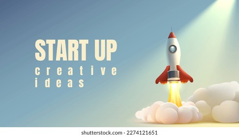 Rocket space startup, creative idea cover, landing page web site, Vector illustration 