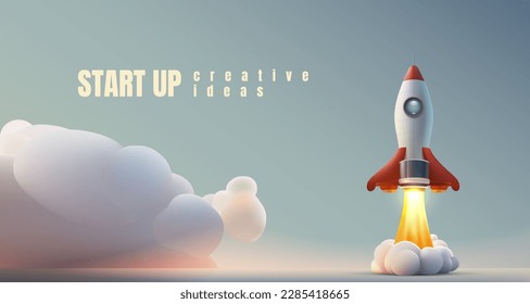 Rocket space startup, creative idea cover, landing page web site, Vector illustration 