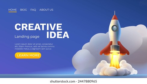 Rocket space startup, creative idea cover, landing page web site, Vector illustration 