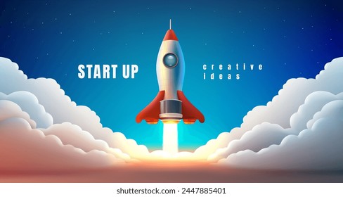 Rocket space startup, creative idea cover, landing page web site, Vector illustration 