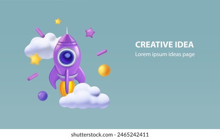 Lanzamiento de espacio de cohetes, portada de ideas creativas, página de aterrizaje. Nave espacial comenzando en las nubes. Concepto de creatividad. Ilustración vectorial 3d