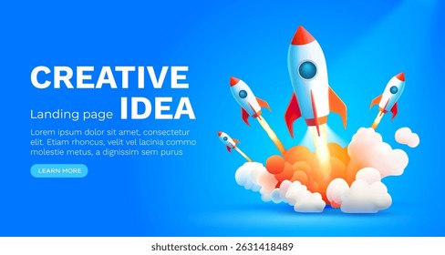 Rocket space startup, creative idea cover, landing page web site, Vector illustration 