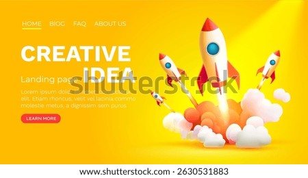 Rocket space startup, creative idea cover, landing page web site, Vector illustration 