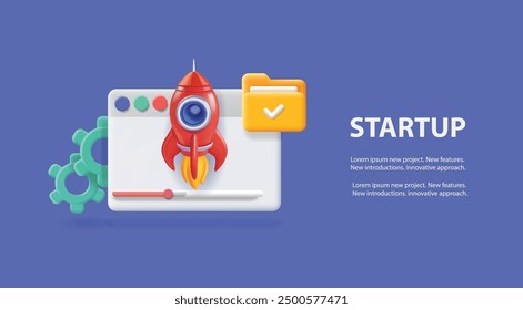 Rocket space startup, Web browser start up launching product. landing page web site, Vector 3d illustration