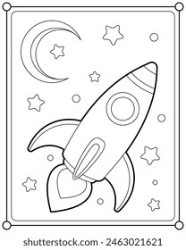 Cohete en el espacio adecuado para la Ilustración vectorial de página para colorear de los niños