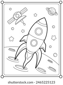 Rocket in space suitable for children's coloring page vector illustration