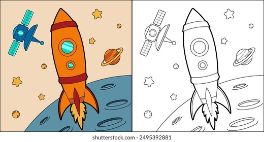 Cohete en el espacio adecuado para la Ilustración vectorial de página para colorear de los niños