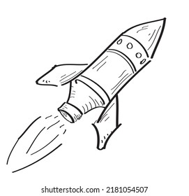 Rocket Space Transport, Which Is Interstellar Vehicle Or Spaceship. Sketch Or Hand Drawn, Doodle Style Vector Drawing.