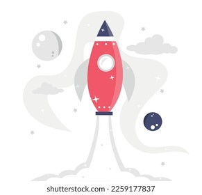 Rocket in space. Travel and adventure, scientific research. Astrology and astronomy. Space, galaxy and universes. Business project or start up, spaceship launch. Cartoon flat vector illustration