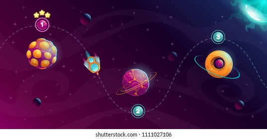 Rocket Space Trip Concept. Galaxy Game Design. Vector Cosmic Illustration.