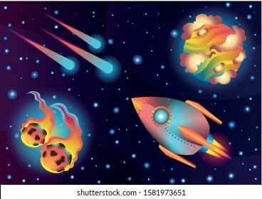 Rocket space trip concept. Vector cosmic illustration