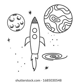 rocket in the space universe between planets and stars. cartoon style. vector illustration