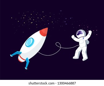 Rocket space vector, astronaut floating in cosmos with spaceship. Person tied to shuttle with rope, spaceman astronomy scientific outer exploration