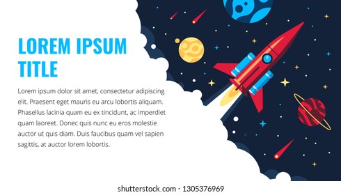 The rocket in the space vector flat design illustration. Good concept for business technology. Detailed satellite in the space. Abstract template for banners and pop ups.