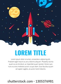 The rocket in the space vector flat design illustration. Good concept for business technology. Detailed satellite in the space. Abstract template for banners and pop ups.