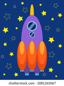 Rocket in space, vector illustration for preschool children. Infographic element, flat design.
