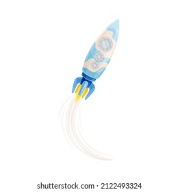 Cohetes como nave espacial con motor de escape volando en la ilustración de vectores espaciales