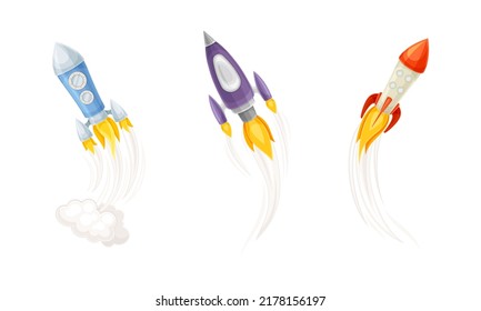 Rocket as Spacecraft with Engine Exhaust Launching and Flying in Space Vector Set