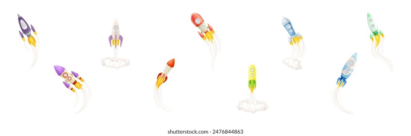 Rocket as Spacecraft with Engine Exhaust Launching and Flying in Space Vector Set