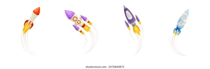 Rocket as Spacecraft with Engine Exhaust Launching and Flying in Space Vector Set