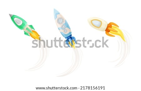 Rocket as Spacecraft with Engine Exhaust Launching and Flying in Space Vector Set
