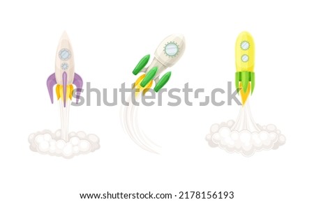 Rocket as Spacecraft with Engine Exhaust Launching and Flying in Space Vector Set