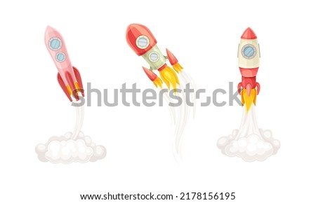 Rocket as Spacecraft with Engine Exhaust Launching and Flying in Space Vector Set
